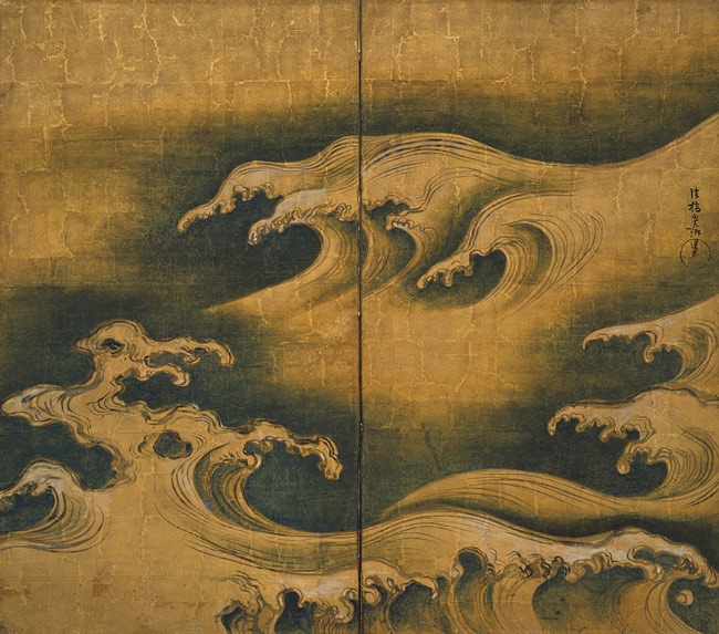 Rough Waves, Edo period (1615-1868), ca. 1704-9｜Ogata Korin (Japanese, 1658-1716)　Two-panel screen; ink, color, and gold on gilded paper 